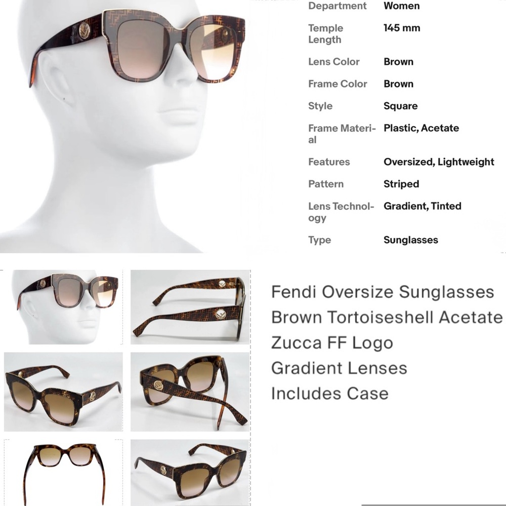 FENDI ZUCCA “FF” OVERSIZE BROWN /BLACK TORTOISESHELL SUNGLASSES - Picture 6 of 16